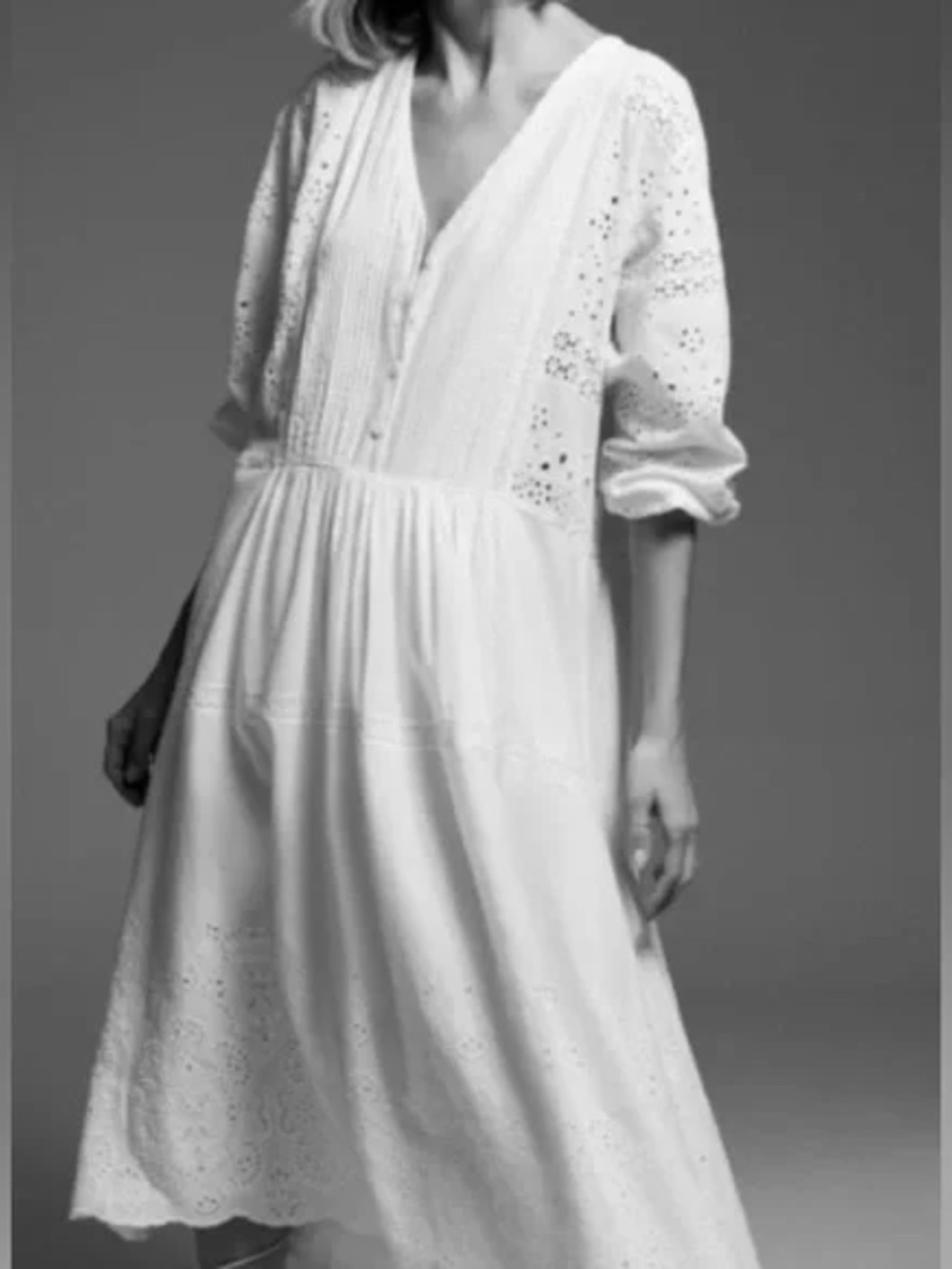 Pretty ZARA Oyster White Eyelet Embroidered Midi V Neck Lined Dress / Size Small - Picture 3 of 13